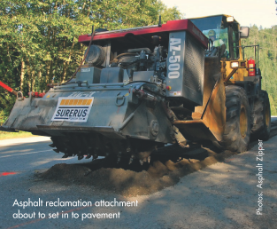 Asphalt reclamation attachment about to set in to pavement